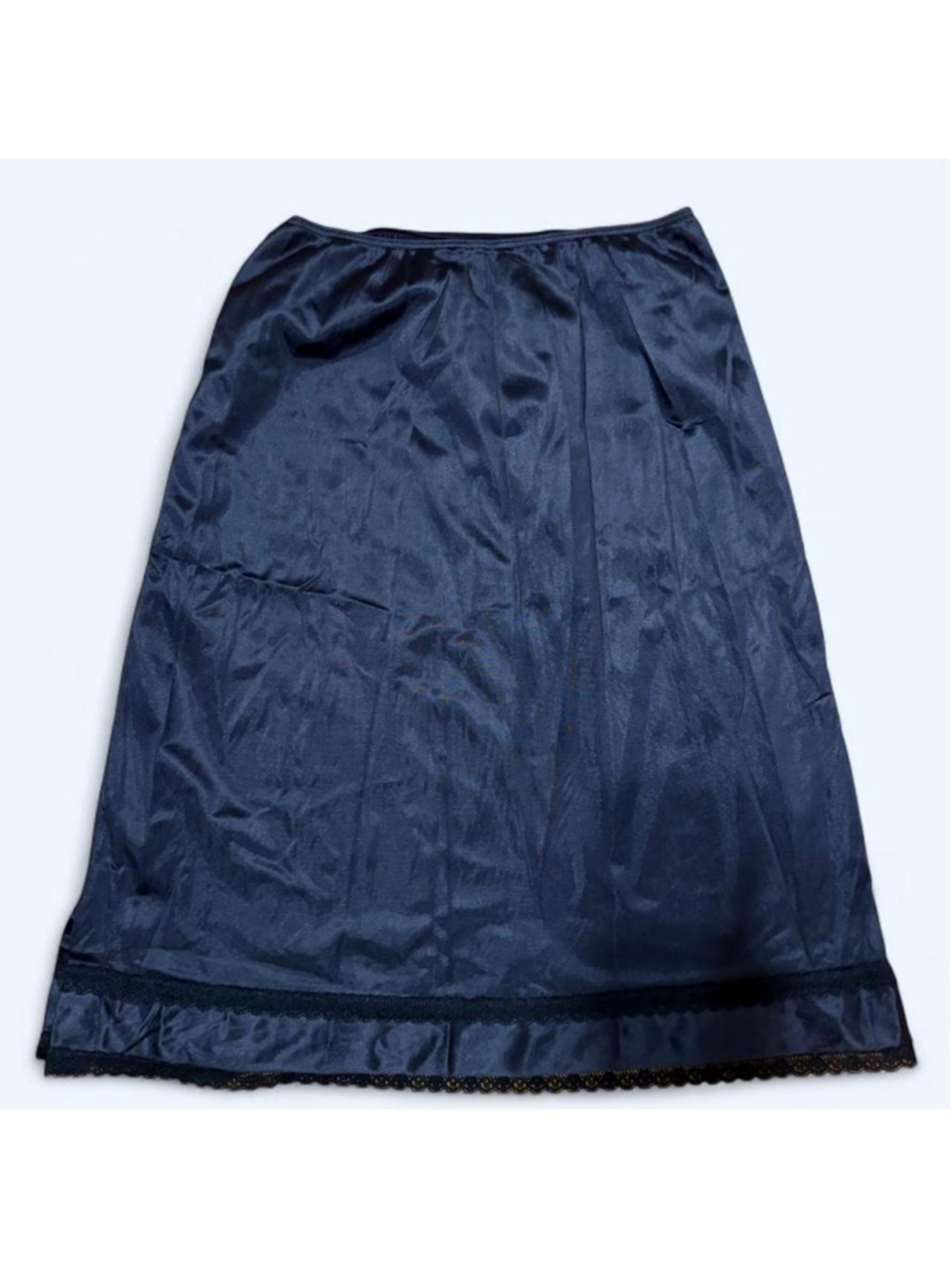 Vintage Sears black satin midi slip skirt with lace trim, size small #goth #whim